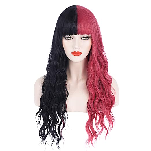 BERON Black and Pink Wig Long Curly Wig Black and Pink Wig with Bangs Two Tone Wig Black Pink Wig for Women and Girls Synthetic Cute Cosplay Costume Wig (Black and Pink)