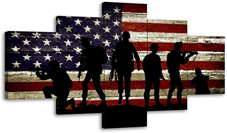 Military Soldiers Army USA US American Flag Canvas Wall Art Prints Thin Blue Red Line Home Decor Pictures for Living Room Bedroom 5 Panel Posters Paintings Framed Ready to Hang (50"Wx24"H, 27)