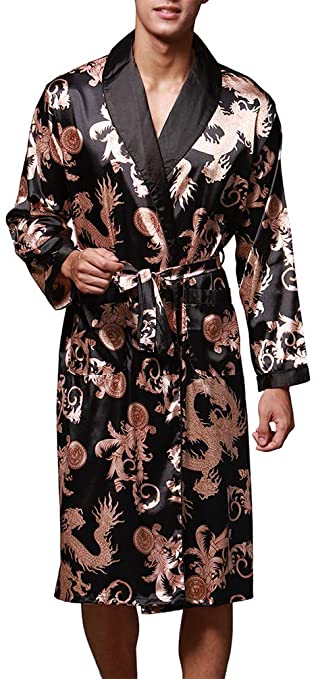 OLIPHEE Men's Floral Lightweight Long Sleeve Loose Silk Dressing Gown Nightwear