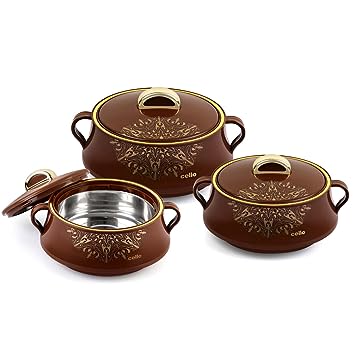 Cello Midas Casserole Gift Set with Inner Steel, 3pc(500ml, 1000ml, 1500ml), Brown, Standard, (CLO_Midas_3PC_BRWN)