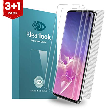 Klearlook Screen Film Compatible with 6.1" Galaxy S10, [4 Pieces in Pack-2-HD Clear   1-Matte (Case Friendly) Wet Applied Front Screen Protectors [Not Glass]   1-Carbon Fibre Back Skin for Galaxy S10]