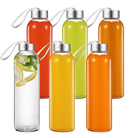 Aicook Glass Water Bottles, 6 Pack, 18Oz Glass Bottle for Juice, Beverage, Smoothie Stainless Steel Leak Proof Easy Caps with Carrying Loop, Reusable Drinking Bottle, Sauce Jar, Juice Beverage Contain