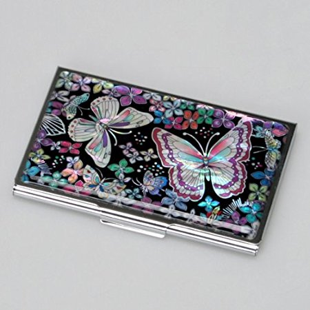 Mother of Pearl Womens Business Credit Name Id Card Case Cash Metal Stainless Steel Engraved Slim Money Wallet with Butterfly Design