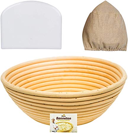 9 Inch Banneton Proofing Basket Set - for Professional and Home Bakers (Sourdough Recipe) Bowl Scraper and Brotform Cloth Liner for Rising Round Crispy Crust Baked Bread Making Dough Loaf Boules