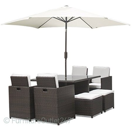 Harts Premium Rattan Dining Set, Cube 8 Seats Garden Patio Conservatory Furniture inc Rain Cover & Parasol (Brown)