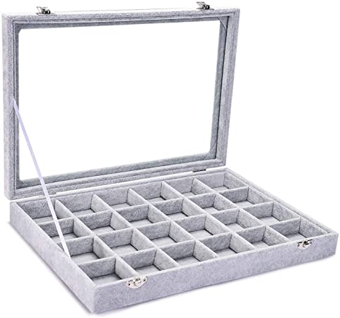 MQH Jewelry Tray Box, Clear Lid Velvet Jewelry Display Storage Case Orginiser Showcase Lockable