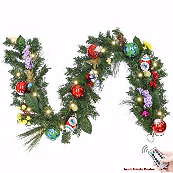 Valery Madelyn Pre-Lit 6 Feet/72 Inch Classic Collection Splendor Red,Green and White Christmas Garland with Ball Ornaments and Flowers, Battery Operated 20 LED Lights.