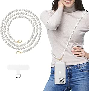 MoKo Universal Phone Lanyard, Pearl Beaded Cell Phone Chain Crossbody Strap Anti-Theft Detachable Women Cellphone Lanyards Around The Neck with Patches for iPhone, Most Smartphones - White