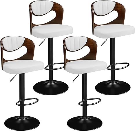 VECELO Bar Stool Set of 4,Kitchen Island Stools with Bentwood Back,Arm&Footrest, PU Leather Cushion Seat Adjustable Height 360° Swivel Barstools for Club Pub,Kitchen Dining Room,White