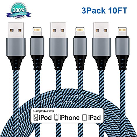 iPhone Charger EverDigi Lightning to USB Cable 3Pack 10FT Nylon Braided Charging Cord for iPhone X, 8, 8 Plus, 7, 7 Plus, 6S, 6S Plus, 6, 6 Plus, SE, 5S, 5C, 5, iPad Mini, iPad Air, Pro (Blue-black)