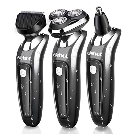 Elehot 3 in 1 Electric Shaver Wet & Dry Rotary Floating Heads Waterproof Razor with Nose Trimmer and Sideburns Cutter … (grey)