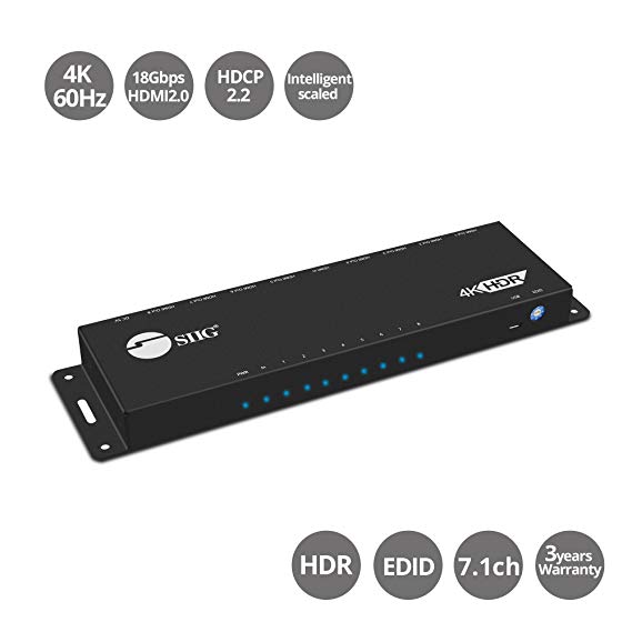 SIIG 1x8 HDMI 4K @60Hz HDR Splitter w/EDID Management | YUV 4:4:4 8-bit | YUV 4:2:0 10bit | HDMI 2.0, HDCP 2.2, 18Gbps | Auto Scaling, Low Heat, Cascadable, Firmware Upgradable | 8 Port 1 in 8 Out