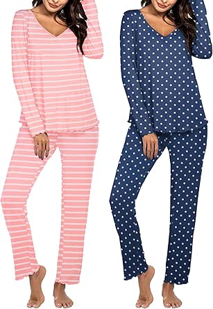 Ekouaer Womens 2 Pack Pajama Set Long Sleeve Pajamas Top and Pants V Neck Pjs Set Soft Sleepwear Loungewear S-XXL