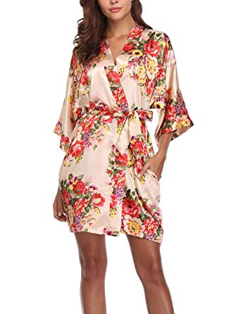 Women's Floral Satin Kimono Robes Short Bridesmaid Robes for Wedding Party