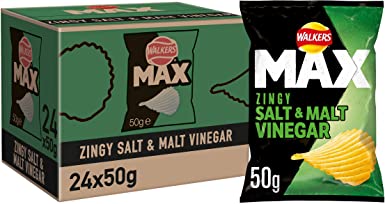 Walkers Max Salt & Vinegar Crisps Case, 50 g, Pack of 24