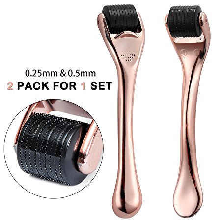 Derma Roller Cosmetic Needling Instrument for Face, 540 Titanium Micro Needle, 0.25mm / 0.5mm, Each Includes Storage Case (Rose Gold / Black)