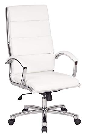 Office Star Faux Leather Seat and High Back Contour Executive Chair with Padded Arms and Chrome Finish Accents, White