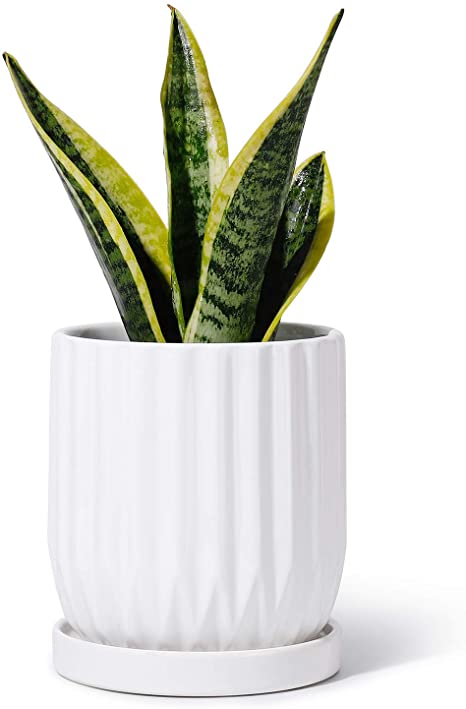 POTEY 050101 Ceramic Plant Pot - 4.9 inch Modern Lines Cylinder Planters with Drainage Hole & Attached Saucer for Indoor Plants Flower Succulent (1, Shiny White)