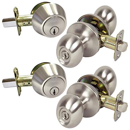 2 Pack of Egg Style Keyed Entry Door Knobs with Single Cylinder Deadbolts Combo, Satin Nickel