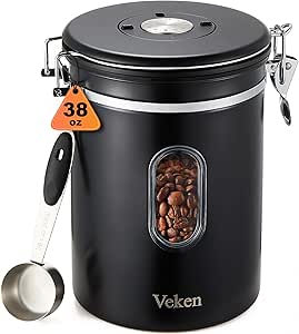 Veken Coffee Canister with Window, Airtight Stainless Steel Kitchen Food Storage Container with Date Tracker and Scoop for Grounds Coffee, Beans, Tea, Flour, Cereal, Sugar, 38OZ,Black