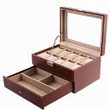 Songmics Brown Leather 10 Watch Box with Jewelry Display Drawer Glass Top Lockable Watch Case UJWB007
