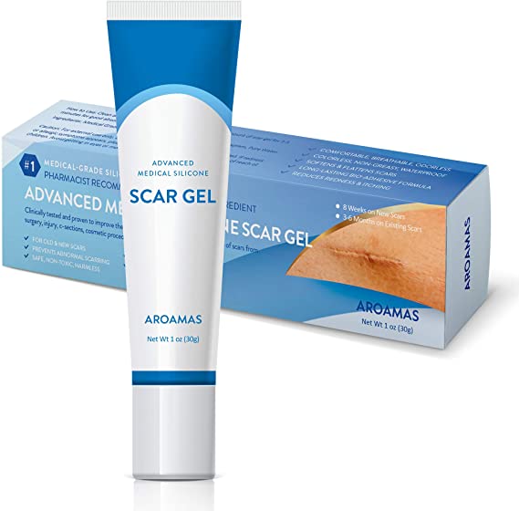 Aroamas Advanced Scar Gel Medical-Grade Silicone for Face, Body, Stretch Marks, C-Sections, Surgical, Burn, Acne, Old & New Scars, Clinically Proven, 30g