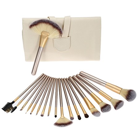Abody Professional Cosmetics Makeup Brush Set Tools Cosmetic Makeup Brush Kit with Roll up PU Leather Bag, Wooden Handle (18pcs Golden)