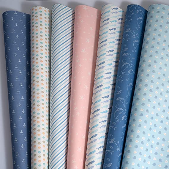 Gift Wrapping Paper, 8 x Eco Friendly Folded Paper, Unisex boy Girl Women Female Gift Wrap Paper for Presents Occasions- Cute Sea Animals, Whales, Whells, Starfish, Anchors Design- 50X70CM