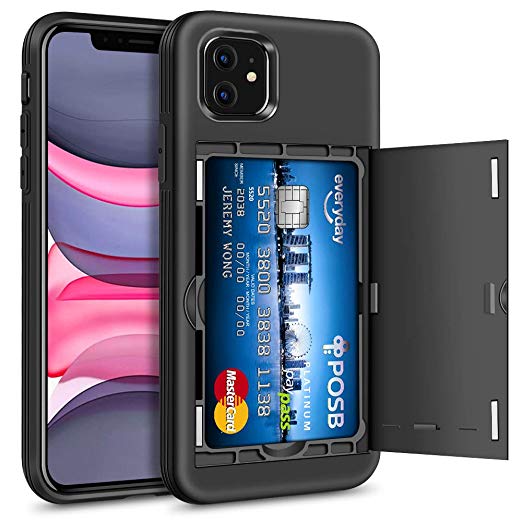 Hython Case for iPhone 11 with Hidden Card Holder Wallet Design, Slim Drop Protection Defender Anti-Scratch, Hybrid Soft Rubber Hard Shell Bumper Cover for iPhone 11 6.1-inch 2019, Black