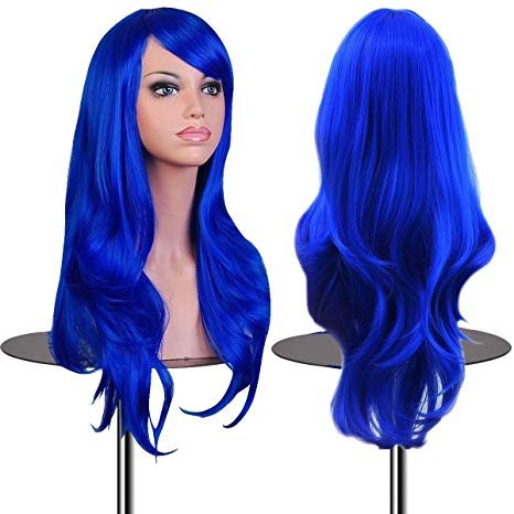 EmaxDesign Wigs 28 inch Wavy Curly Cosplay Wig With Free Wig Cap and Comb (Dark Blue)