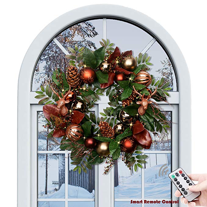 Valery Madelyn Pre-Lit 24" Woodland Artificial Greenery Eucalypti Leaves Wreath for Home Office Wall Wedding,rattan base, Balls included, Battery Operated 20 LED Lights with Remote and Timer