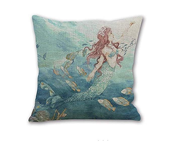 SLS Cotton Linen Decorative Throw Pillow Case Cushion Cover Mermaid 18" X18 (1)