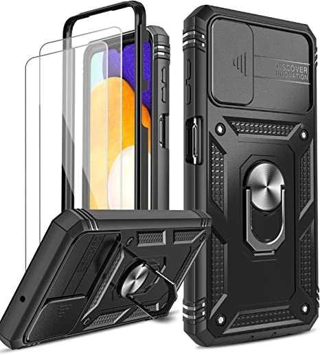 Galaxy A13 5G Case, Samsung Galaxy A13 5G Case with Slide Camera Cover   [2 Packs] Tempered Glass Screen Protector, LeYi 360 Full Body Military-Grade Phone Case with Kickstand for Galaxy A13 5G, Black