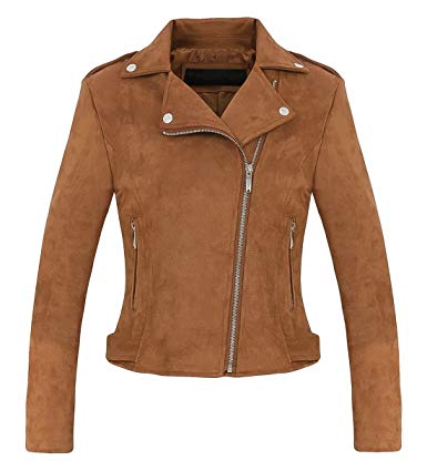 Chartou Women's Stylish Notched Collar Oblique Zip Suede Leather Moto Jacket