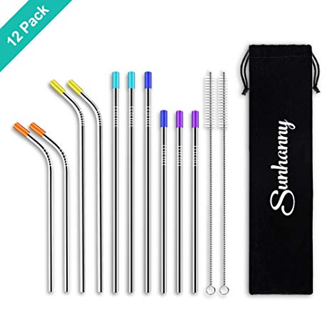 Sunhanny Set of 10 Stainless Steel Straws with Silicone Tips,Multi-Sized Metal Straws for 20 30 OZ Tumblers Cups Mugs,Reusable Drinking Straws with Silicone Covers & Cleaning Brush