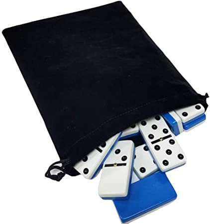 Domino Double Six 6 Two Tone Light Blue and White Tiles Jumbo Tournament Professional Size with Spinners in Black Elegant Velvet Bag