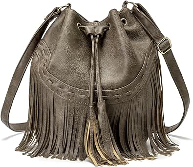 Leather Bucket Bags for Women Crossbody Fringe Purses with Drawstring Ladies Tassel Hobo and Shoulder Handbags