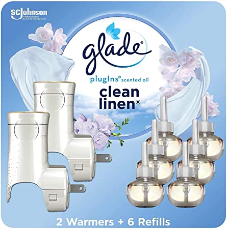 PlugIns Refills Air Freshener Starter Kit, Scented and Essential Oils for Home and Bathroom, Clean Linen, 4.02 Fl Oz, 2 Warmers   6 Refills #New Version (Clean Linen)