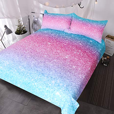 BlessLiving Colorful Glitter Bedding Girly Turquoise Blue Pink and Purple Pastel Colors Duvet Cover 3 Piece Trendy Bed Spreads Twin Comforter Cover Sets for Girls