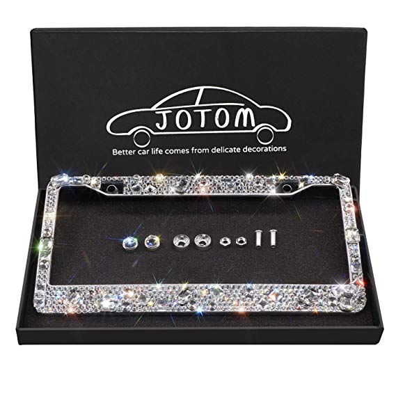 JOTOM 1 Pack Bling Bling Waterproof License Plate Frame - Handcrafted Finest 14 Facets SS20 Glitter Diamond Stainless Steel License Plate Frame with Anti-Theft Screw Caps (Laxury Crystal)