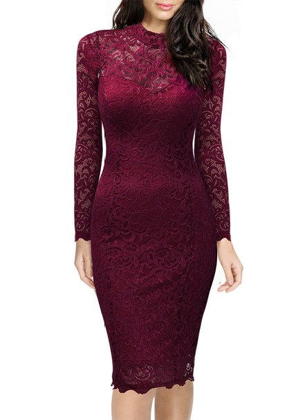 Miusol Womens Vintage Long Sleeve High Neck Full Lace Bodycon Dress
