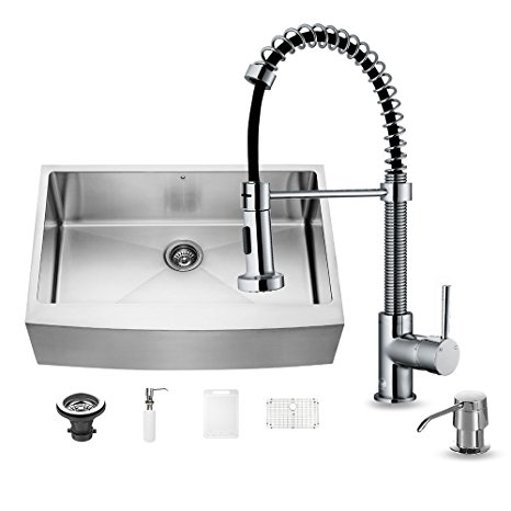 VIGO 33 inch Farmhouse Apron Single Bowl 16 Gauge Stainless Steel Kitchen Sink with Edison Chrome Faucet, Grid, Strainer and Soap Dispenser