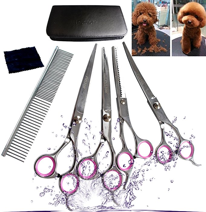 Pustor Dog Shears Stainless Steel Grooming Scissor kit Curved hair Professional Pet scissors and comb for Thinning,7.0 Inches