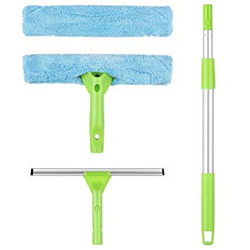 RinKmo Window Squeegee Cleaner, Professional Clean Detachable 3-in-1 Kit, Natural Rubber Scraper Head, Microfiber Fabric, Viscous Strip Design, Extended Telescopic Rod for Window Glass,Car Windshield