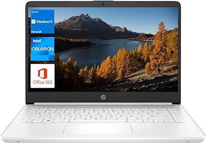 HP Portable Laptop, Student and Business, 14" HD Display, Intel Quad-Core N4120, 8GB DDR4 RAM, 64GB eMMC, 1 Year Office 365, Webcam, SD Card Reader, HDMI, Wi-Fi, Windows 11 Home, White, KKE Mousepad