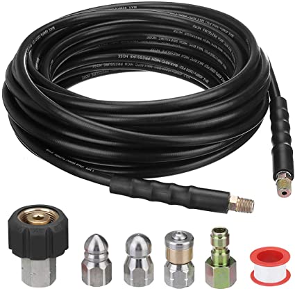 MATCC Sewer Jetter Kit for Pressure Washer 50FT Drain Cleaning Hose 5800 PSI Sewer Jetter Nozzles Kit with 1/4 Inch NPT, Corner, Rotating and Button Nose Sewer Jetting Nozzle