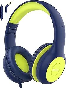 EarFun Kids Headphones Wired with Microphone, 85/94dB Volume Limit Headphones for Kids, Portable Wired Headphones with Shareport, Stereo Sound Foldable Headset for School/Tablet/PC, Blue Lemon