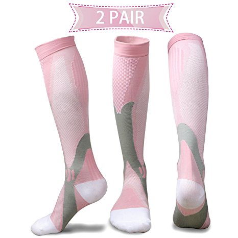 Compression Socks for Men & Women(2 Pairs), BEST Medical Grade Graduated Recovery Stockings for Nurses, Boost Stamina, Varicose, 20-30 Mmhg Fit for Running, Medical, Flight Travel (Pink)
