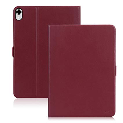 FYY Luxury Cowhide Genuine Leather Handcrafted Case [Support Apple Pencile Charging] for New Apple iPad Pro 11" 2018, Pure Handmade Case Protective Cover with [Auto Sleep-Wake Function] Wine Red