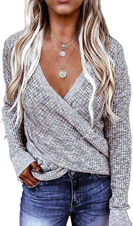 Dokotoo Womens Winter Deep V Neck Wrap Long Sleeve Chunky Cable Knit Jumper Pullover Sweaters